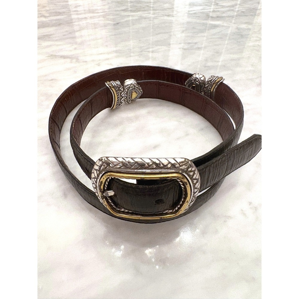 Vintage Reversible Leather Belt Western Silver Gold Hardware Brown/Dark Brown 34